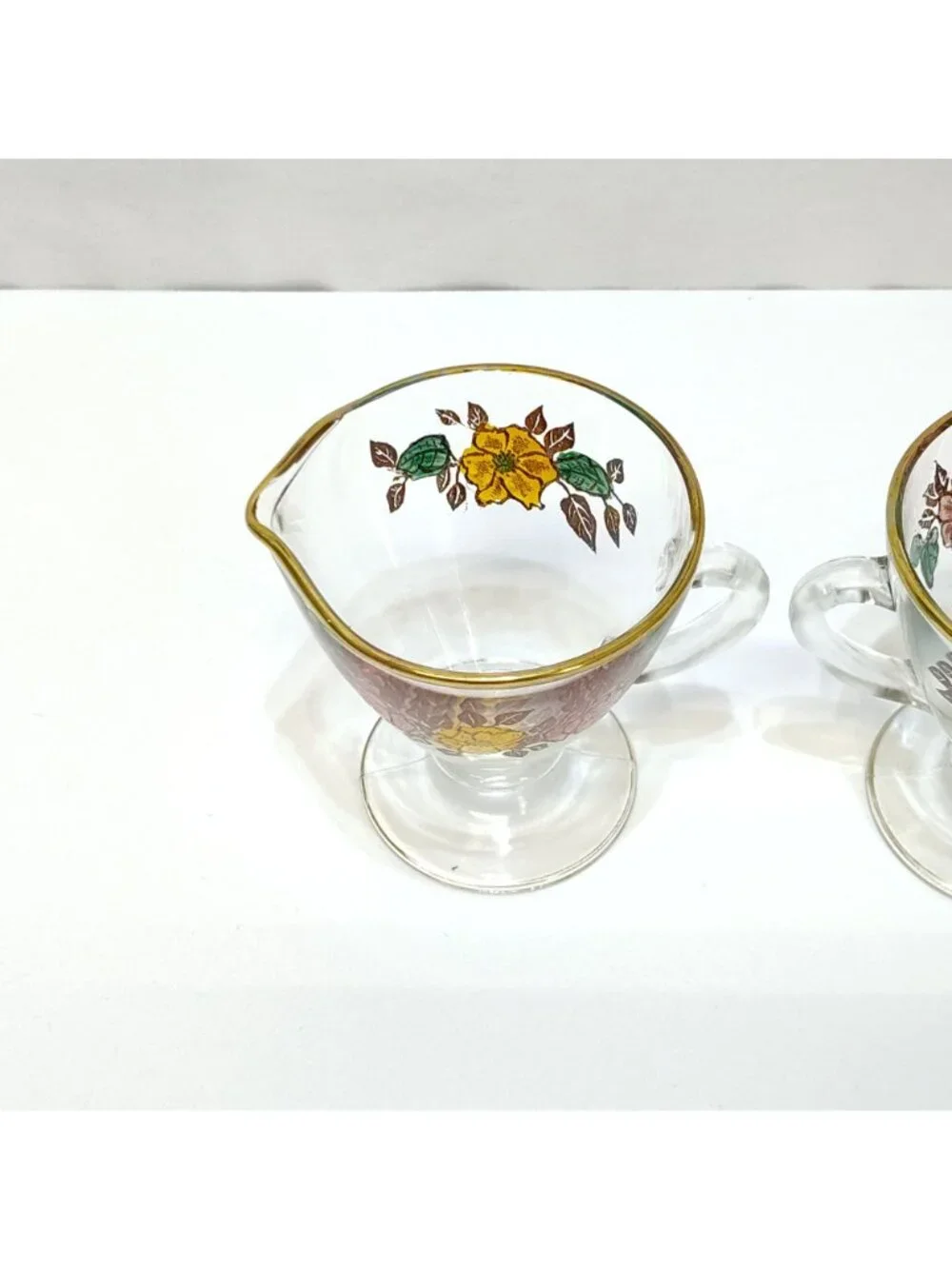 Vintage Glass Creamer & Sugar Set Floral Design Gold Rim Accents Artist Unknown